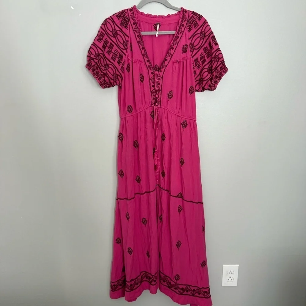 Free People Dress Riley Maxi Embroidered in Hollyhock Pink Combo